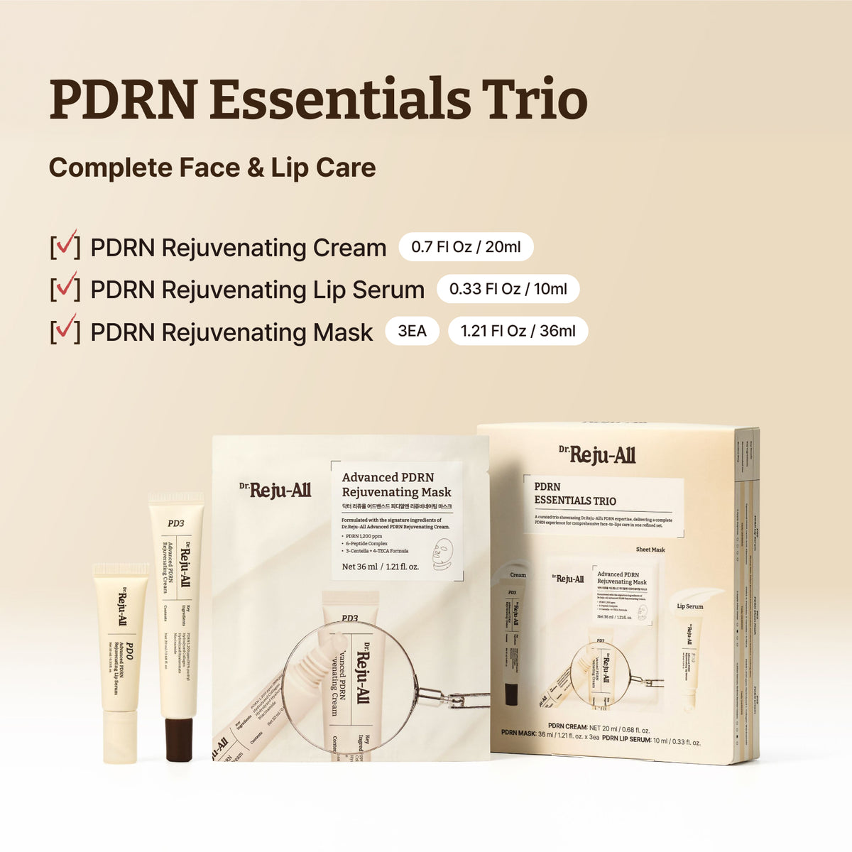 PDRN Essentials Trio: Advanced PDRN Rejuvenating Cream with Lip Serum & Mask